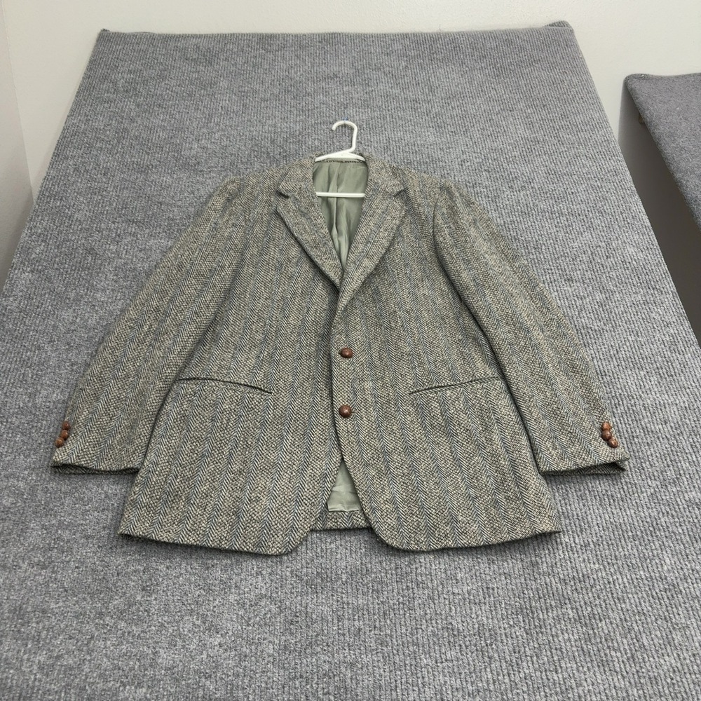 Vintage Harris Tweed Blazer Mens 44 Grey Blue Wool Herringbone Sport Coat Preppy